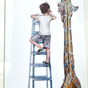 Vintage Framed Art Print Pop Surrealism Giraffe & Monkey By McKenzie Fisk Child